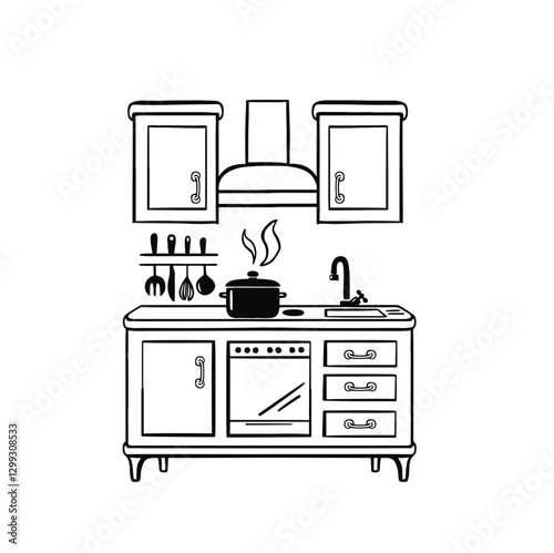 Line kitchen set with stove, black monochrome