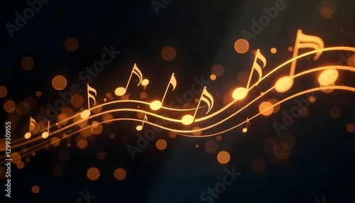 
Ilustración de notas musicales y líneas de pentagrama brillando sobre un fondo oscuro, con efecto bokeh. La paleta de colores es monocromática, con tonos de negro y dorado