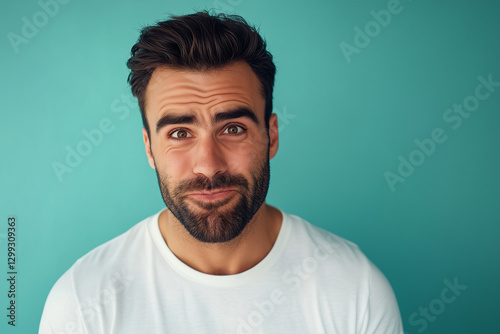  retrato de un hombre atractivo con el pelo oscuro y barba, vestido con una camiseta blanca, mirando confundido mientras hace una cara divertida contra un fondo azul pastel