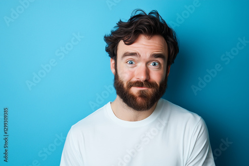  retrato de un hombre atractivo con el pelo oscuro y barba, vestido con una camiseta blanca, mirando confundido mientras hace una cara divertida contra un fondo azul pastel