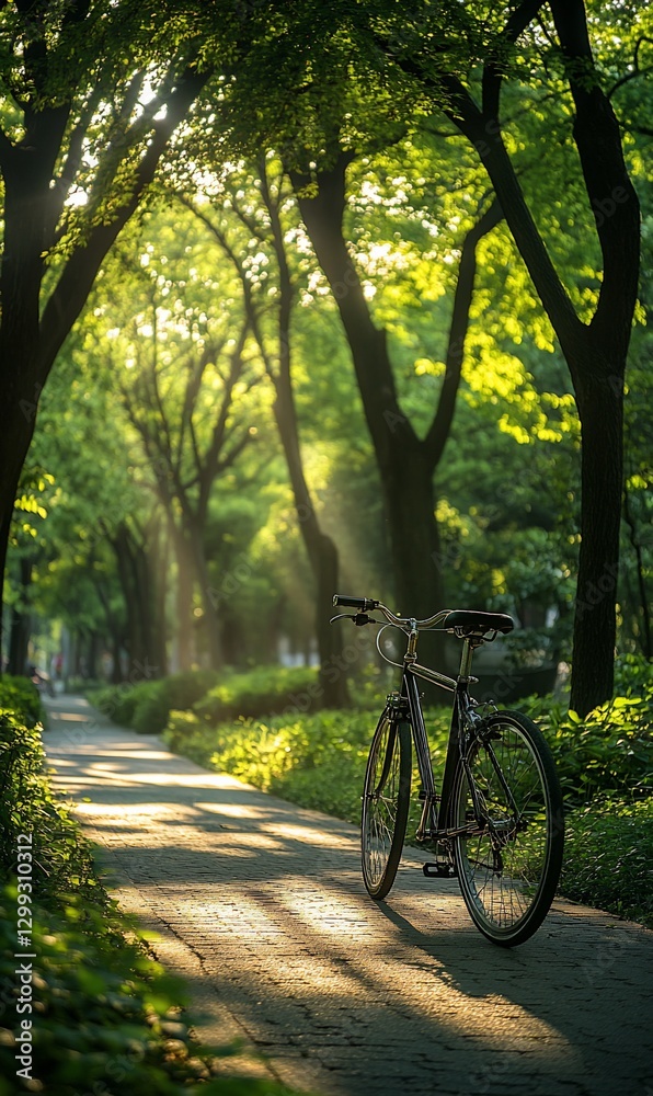 Fototapeta premium Sunrise bike path park morning sunlight trees