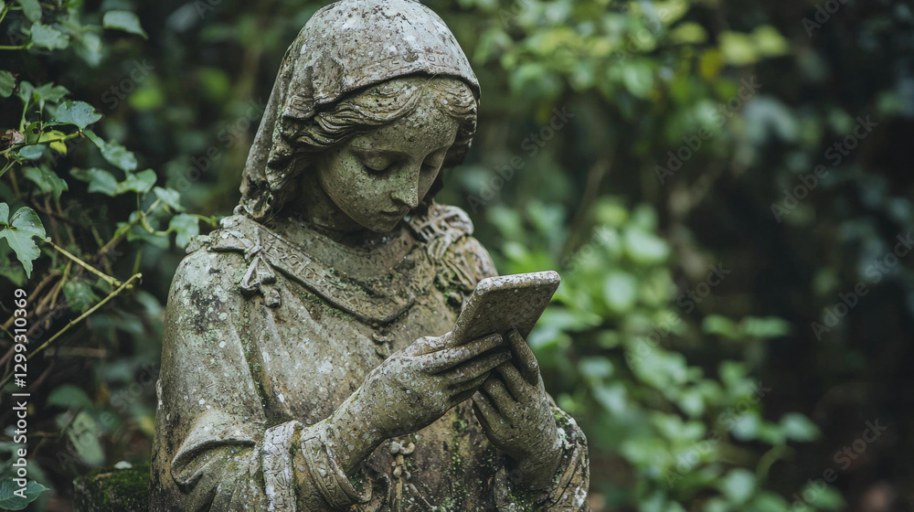 A broken and weathered medieval stone statue of a woman, texting on a modern smartphone, surreal and humorous juxtaposition A broken and weathered medieval stone statue of a woman, texting on a modern smartphone, surreal and humorous juxtaposition