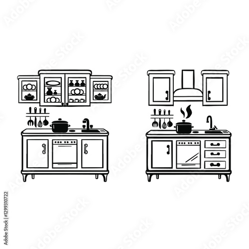 Line kitchen module for cooking, black monochrome