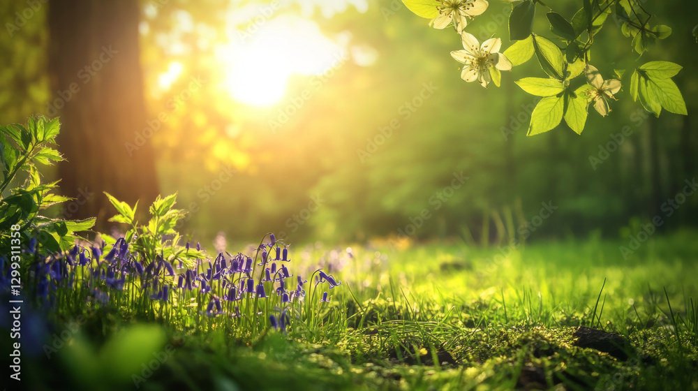 Obraz premium Sunlit forest blooming wildflowers nature scene spring vibes tranquil environment close-up view natural beauty