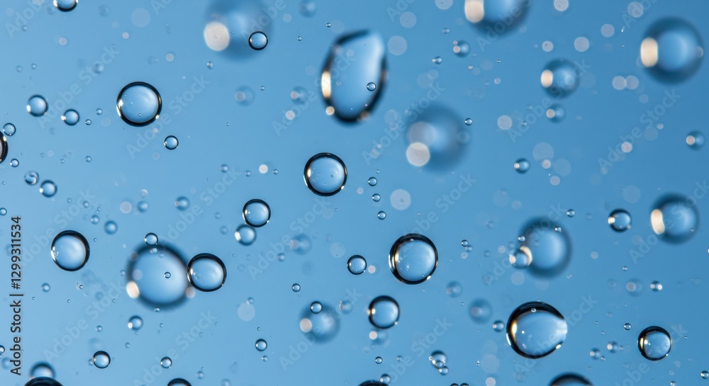 A close-up of transparent water droplets floating against a light blue background A close-up of transparent water droplets floating against a light blue background