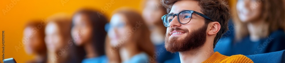 Naklejka premium Happy Young Adult Enjoying a Digital Learning Session in a Classroom. Generative AI