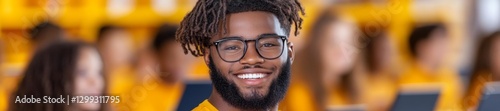 Young Smiling Student with Glasses in a Classroom Filled with Peers. Generative AI photo