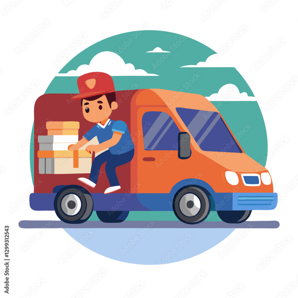 A courier is driving a delivery van filled with packages through a scenic area. The van features a bright color scheme, and the courier appears focused on the road ahead A courier is driving a delivery van filled with packages through a scenic area. The van features a bright color scheme, and the courier appears focused on the road ahead