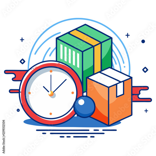 A clock is prominently displayed alongside colorful packages suggesting fast-paced shipping. The dynamic background enhances the urgency of timely deliveries, emphasizing movement and speed