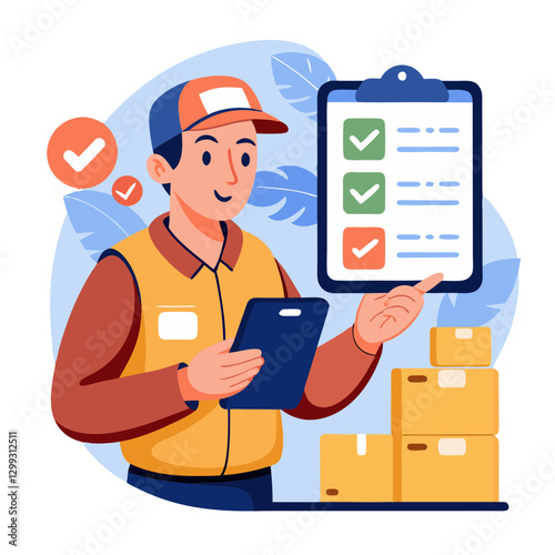 A courier is focused on customizing delivery options on a handheld device. He is surrounded by stacked packages, likely in a busy delivery hub. The courier appears organized and attentive
