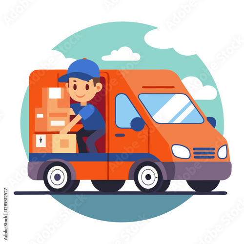 A courier is seen driving a delivery van filled with packages. The setting has a few clouds in the sky, indicating it's a sunny day