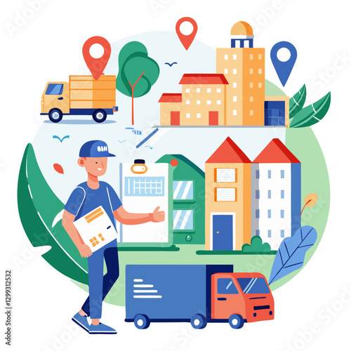 A courier is actively delivering packages in a busy urban area. Surrounding buildings and vehicles illustrate a range of delivery locations during daylight hours