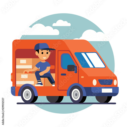 A courier is driving a delivery van with boxes in the back, navigating the streets of a residential area during bright daylight while completing deliveries