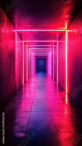 Vibrant neon light tunnel leading to an unknown exit in a modern urban environment