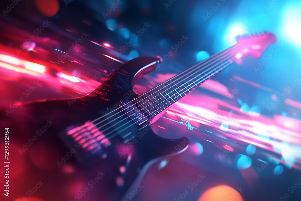 Fototapeta premium Electric guitar in vibrant neon light streaks.