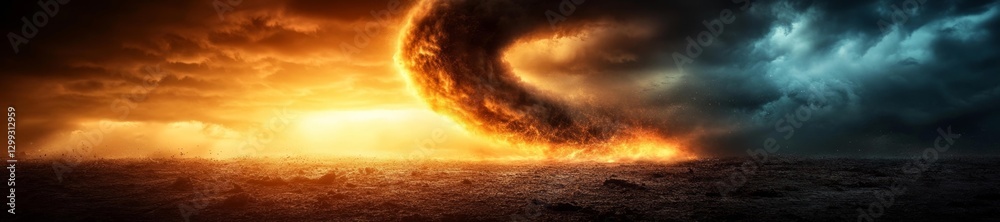 Obraz premium Dramatic Tornado Forming Against Fiery Sky and Dark Clouds. Generative AI