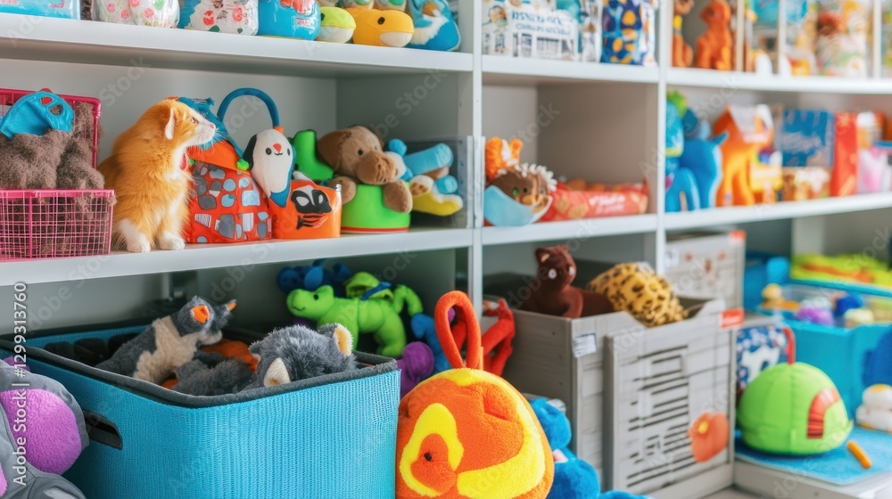 Naklejka premium Colorful Toy Shelves Filled with Adorable Stuffed Animals and Playthings