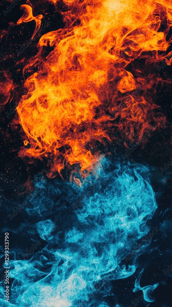 Fototapeta premium Fiery abstract art, blue and orange flames, dark background, design element