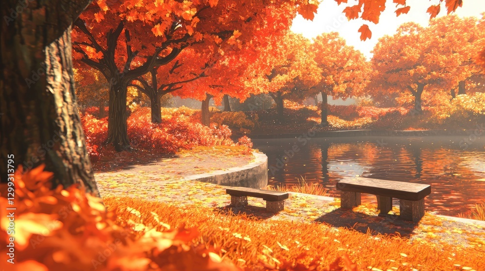 Autumn park, pond, benches, fall foliage, serene landscape, nature scene Autumn park, pond, benches, fall foliage, serene landscape, nature scene