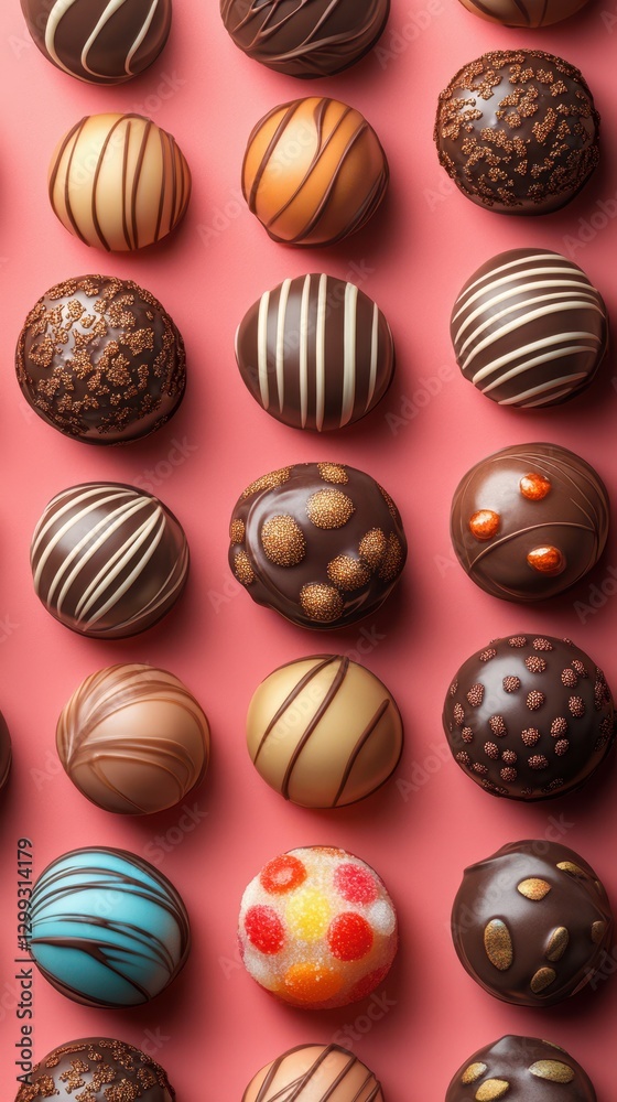 Delicious assortment of handcrafted chocolate confections displayed on a vibrant pink background Delicious assortment of handcrafted chocolate confections displayed on a vibrant pink background