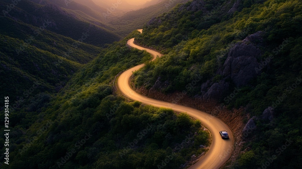 Mountain road winding through rocky terrain with golden light illuminating the scene and a car driving along. Generative AI Mountain road winding through rocky terrain with golden light illuminating the scene and a car driving along. Generative AI