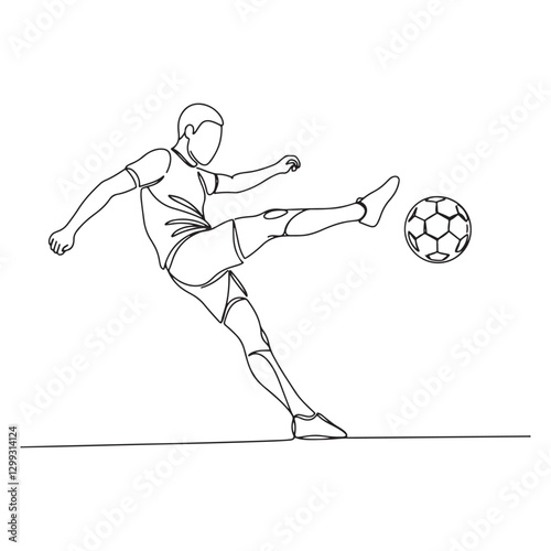 Continuous line drawing of a football player jumping and to kick the ball. Single line art of a young man playing soccer ball template.