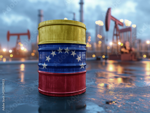 Oil barrel with flag of venezuela stands on the ground. With oil pumps and oil production in the background.