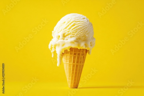 A single scoop of melting vanilla ice cream in a cone