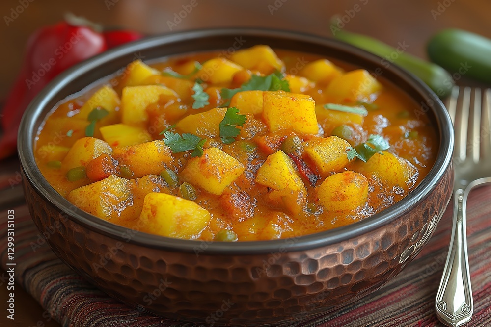 Delicious masala potato dish served in copper bowl, garnished with fresh coriander. Concept highlights masala flavors and vibrant culinary art in traditional dining settings Delicious masala potato dish served in copper bowl, garnished with fresh coriander. Concept highlights masala flavors and vibrant culinary art in traditional dining settings