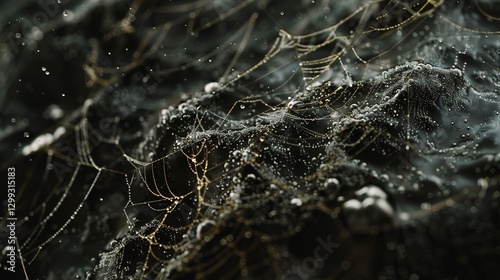 A close-up of a spidera??s web glistening with morning dew, with the fine threads and droplets creating a delicate pattern.