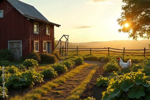 Rustic Farm Scene at Sunrise with Chicken and Vegetable Garden