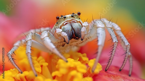 Stealthy Flower Crab Spider camouflaged on a vibrant blossom its color changing body blending seamlessly poised in an ambush position delicate legs extended outward