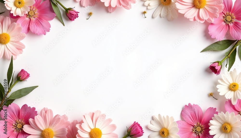 Bright floral mockup design with ample copy space featuring colorful flowers and green leaves Bright floral mockup design with ample copy space featuring colorful flowers and green leaves