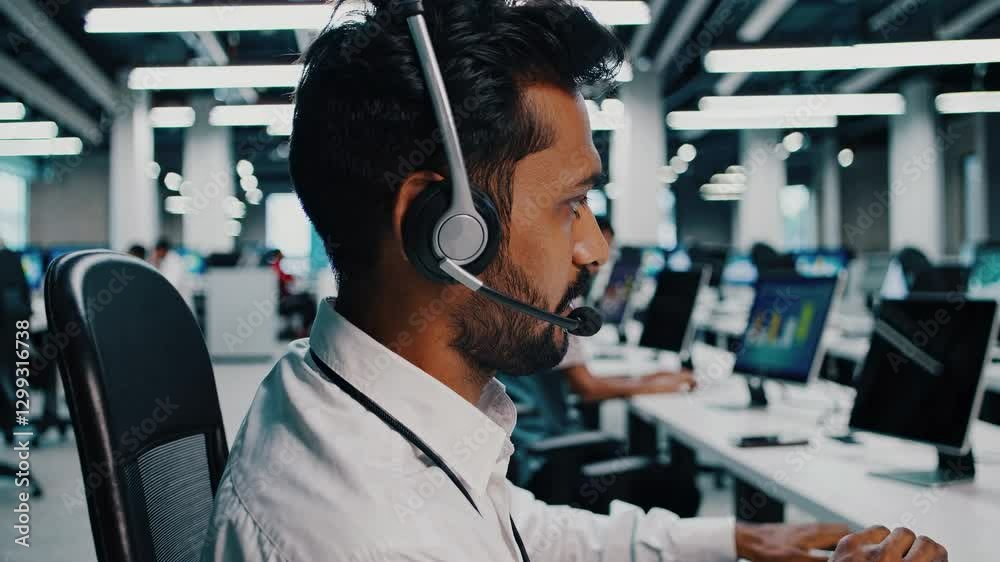 Video of a call center employee wearing a headset, focused on a computer screen. Modern office setting, side profile camera angle.