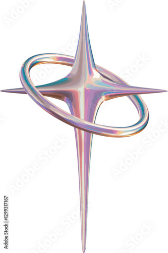 An abstract star-shaped object with a futuristic design and a chromatic, multicolored effect. Its surface has a reflective appearance with a holographic gradient featuring shades of purple, blue, gold
