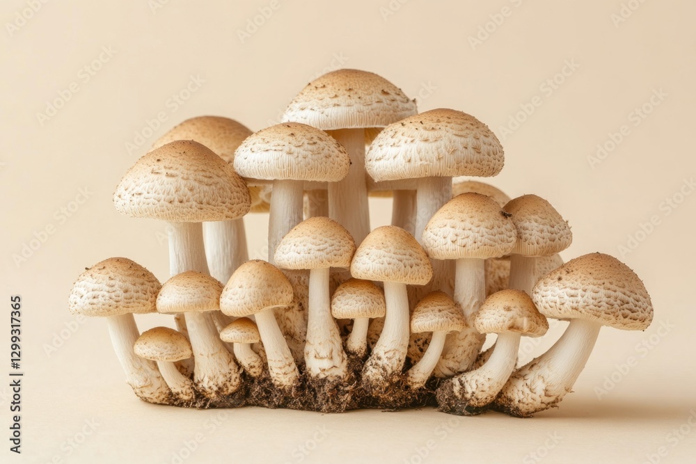 A cluster of light colored mushrooms sits close together A cluster of light colored mushrooms sits close together