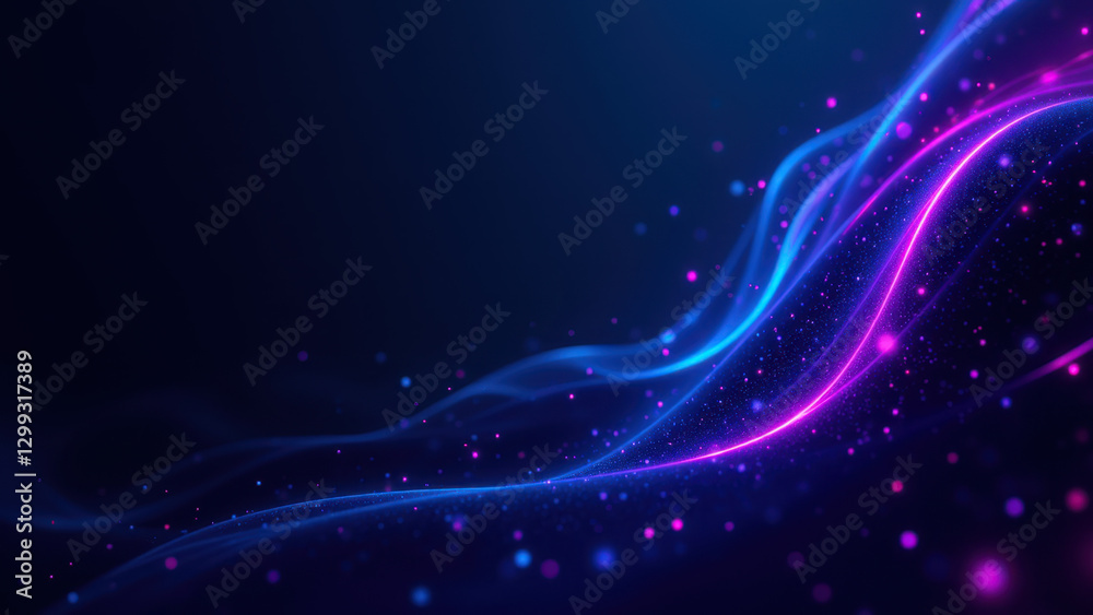 An abstract digital art background featuring flowing neon-like shapes and particles.