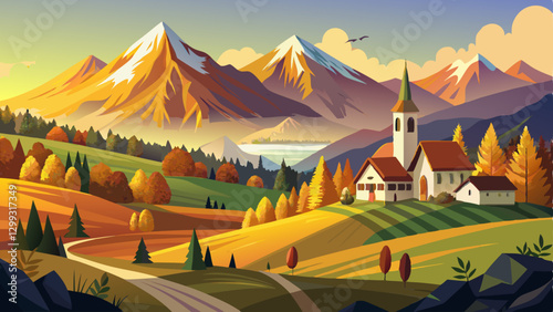 Iconic picture of Bavaria with Maria Gern church with Hochkalter peak on background. Fantastic autumn sunrise in Alps. Superb evening landscape of Germany countryside. Traveling concept background.