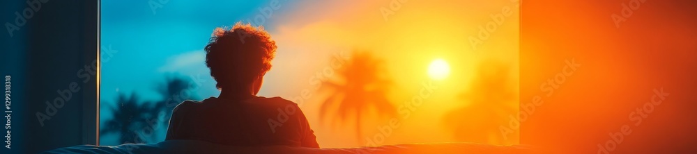 Contemplative Person Enjoying a Beautiful Sunset View from Their Window. Generative AI Contemplative Person Enjoying a Beautiful Sunset View from Their Window. Generative AI