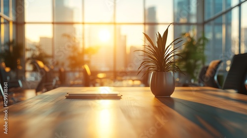 Modern office interior, wooden table, city skyline view through window, golden sunlight at sunset.