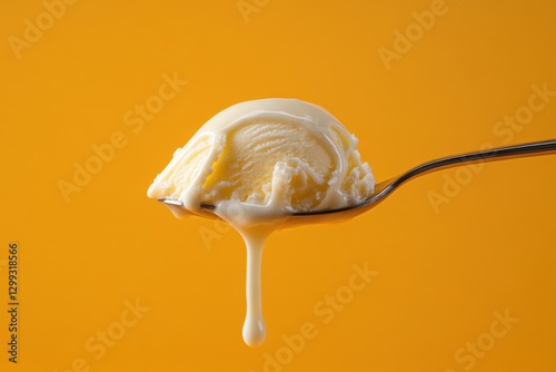 A single scoop of melting ice cream on a silver spoon