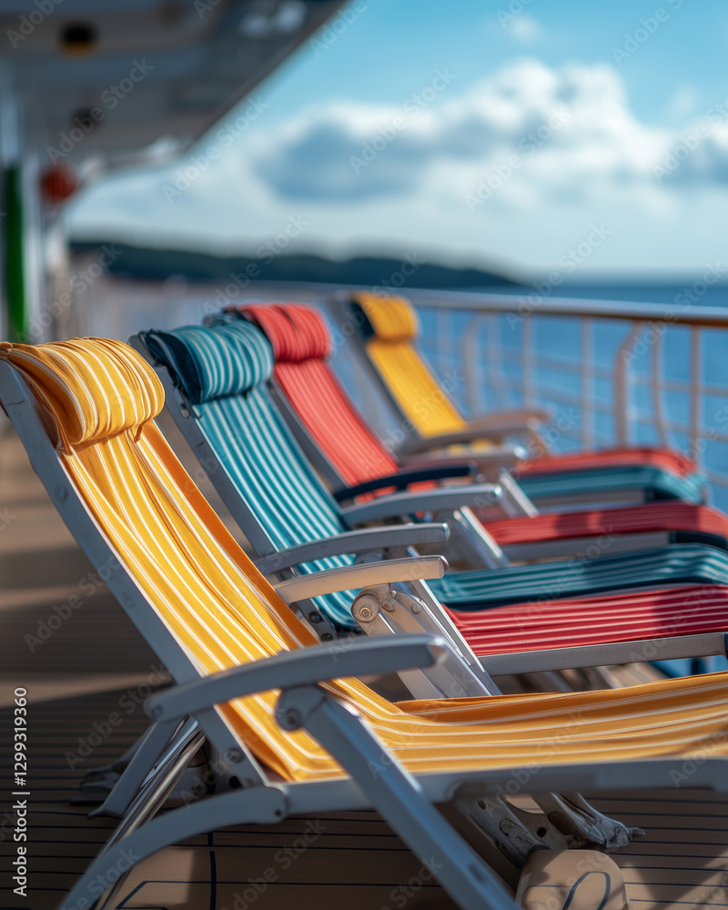 Relaxing deckchairs invite cruise guests to unwind on a sunny day Relaxing deckchairs invite cruise guests to unwind on a sunny day