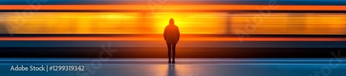 Solitary Figure at Train Station with a Train Passing in a Blaze of Light. Generative AI photo