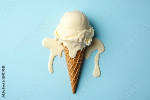 A single melting vanilla ice cream cone on a blue backdrop