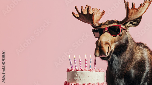 Moose wearing sunglasses, sitting by a birthday cake. Happy birthday party graphic banner with copyspace