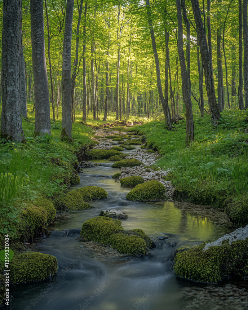 Fototapeta premium Spring creek flows gently over mossy stones under a lush green canopy
