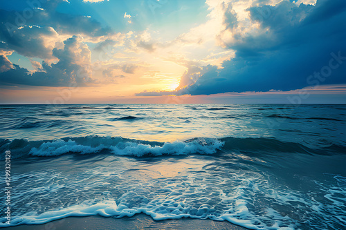 Ocean Sunset Serenity: A captivating view of the ocean at sunset, where the sky is ablaze with golden hues and the clouds cast a dramatic play of light and shadow over the waves.