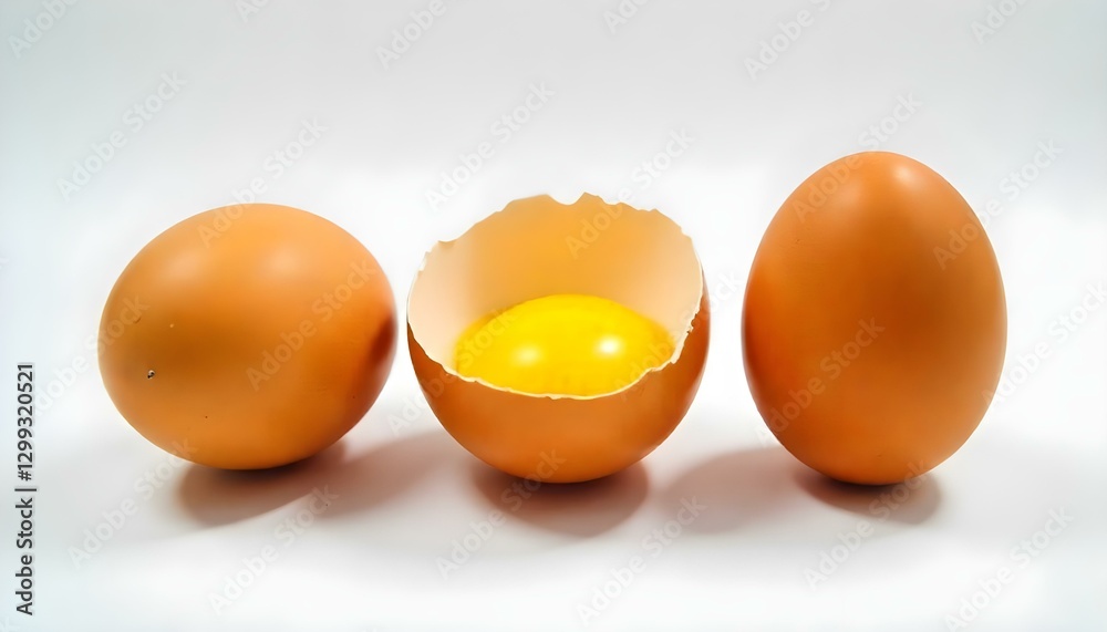 Tres huevos marrones están dispuestos sobre una superficie blanca. Un huevo se abre, revelando una yema de color amarillo brillante en su interior Tres huevos marrones están dispuestos sobre una superficie blanca. Un huevo se abre, revelando una yema de color amarillo brillante en su interior