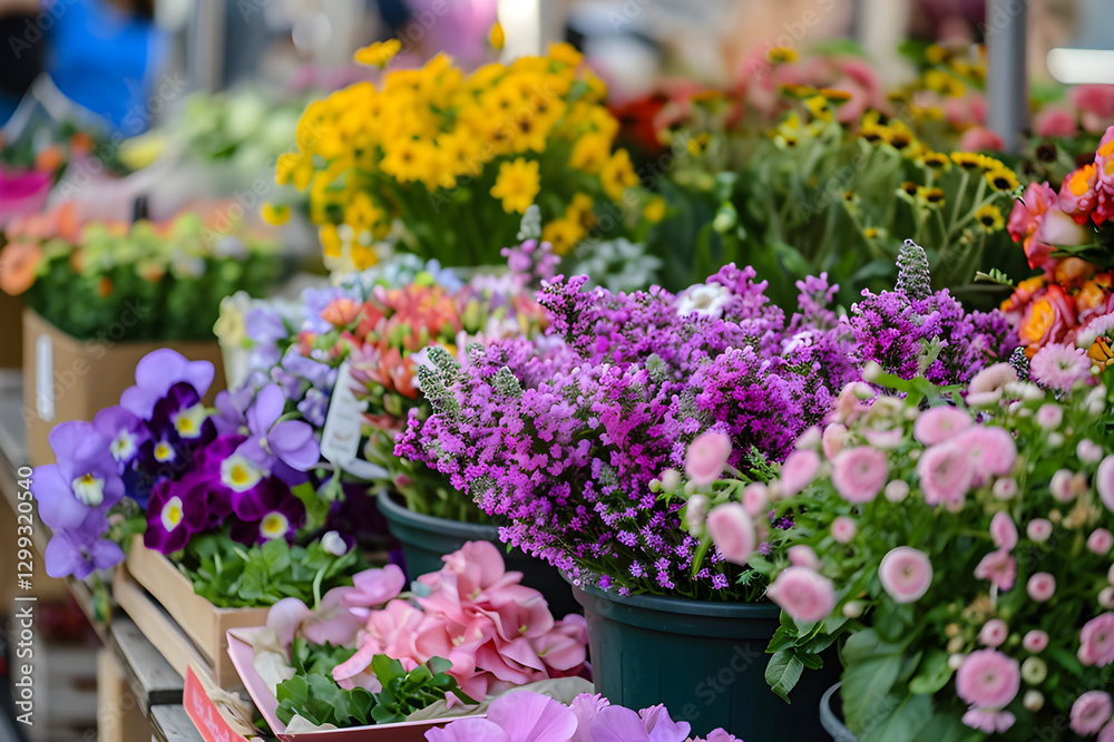 Fototapeta premium Blooming Abundance: A vibrant display of colorful potted flowers at a market. Showcasing diverse hues and textures.