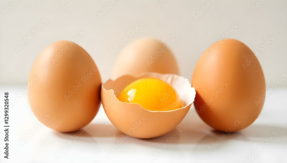 Tres huevos marrones están dispuestos sobre una superficie blanca. Un huevo se abre, revelando una yema de color amarillo brillante en su interior Tres huevos marrones están dispuestos sobre una superficie blanca. Un huevo se abre, revelando una yema de color amarillo brillante en su interior